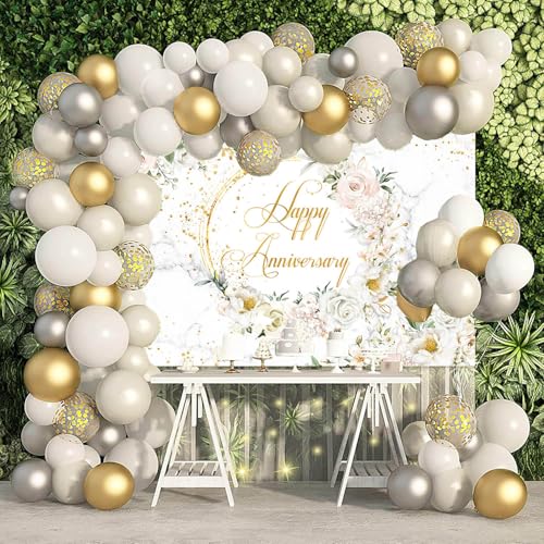 MEHOFOND 8x6ft Floral Happy Anniversary Backdrop White Feliz Aniversario Photography Background White Marble Flower Gold Glitter Dots Couple Wedding Party Engagement Decorations Photo Booth Props - color: White, size: 8x6ft
