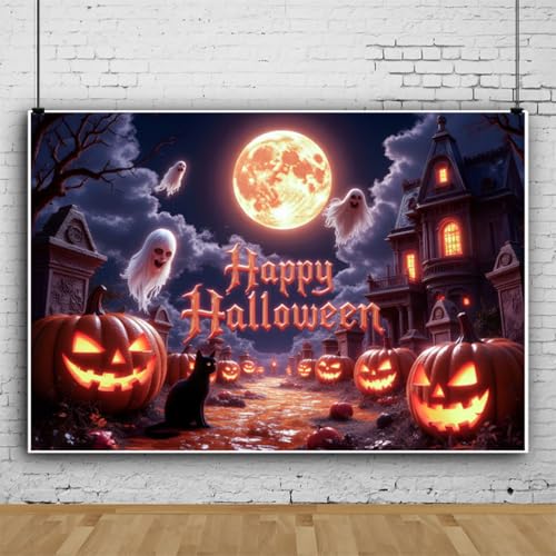 15x10ft Halloween Backdrops for Photoshoot Spooky Golden Full Moon Pumpkin Ghosts Happy Halloween Photo Backdrop for Photography Haunted Mansion Decorations Background Studio Photo Booth Props - color: Orange, size: 15x10ft