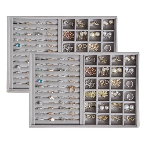 Large Velvet Jewelry Tray 2 Pack Stackable Jewelry Display Drawer Inserts Trays Organizer for Earring Bracelet Necklace Ring (Gray, Ring and 24 Grids) - color: Gray, size: Ring and 24 Grids