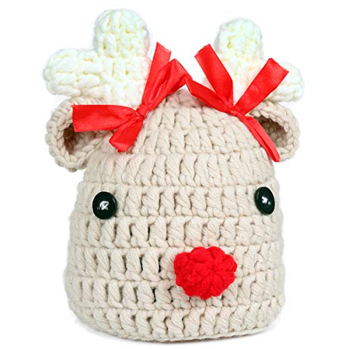 Ypser Infant Baby Knitted Beanie Photo Prop Crochet Knit Cap Christmas Cap Deer Hat with Bow - color: Beige(0-3 Months), size: One Size