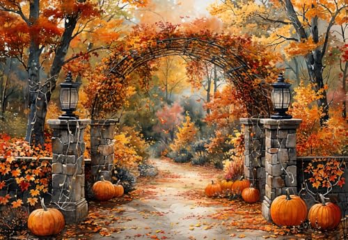 Kate Autumn Stone Arch Backdrops Pumpkin Photo Backdrop Fall Leaves Scenery Photography Backdrops for Seasonal Party Photo Studio Props, 7x5ft - size: 7x5ft
