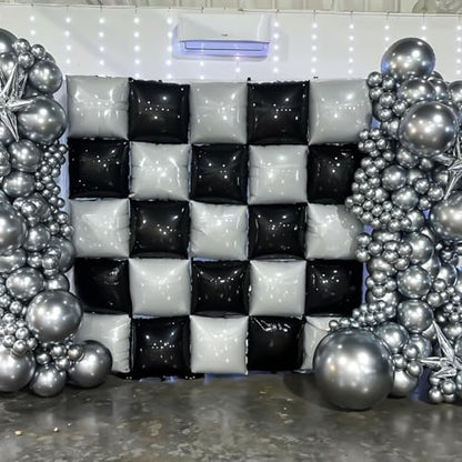 Black White Square Foil Balloon Wall,25Pcs Double Sided Checkered Balloons Backdrop Helium Balloon Tunnel Arch Garland Kit for Birthday Bridal Anniversary Baby Shower Party Decorations - style: Black White