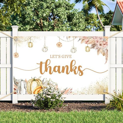 AIBIIN 7x5ft Let's Give Thanks Backdrop Happy Thanksgiving Party Background Boho Floral Pumpkins Friendsgiving Party Decorations Banner Photo Studio Props - size: 7x5ft