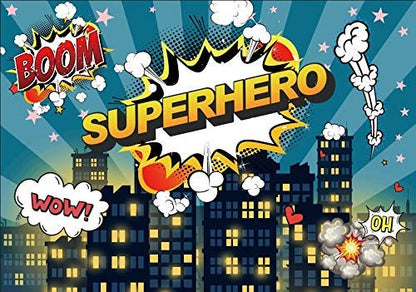 Haoyiyi 5x3ft Superhero Super City Backdrop City Building Dark Blue Sky Boom Cloud Background Photography Children Kids Boys Baby Shower Birthday Artistic Portrait Photo Booth Prop