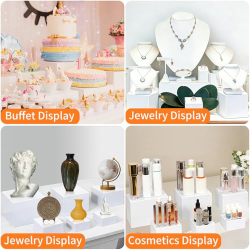 ABenkle 8 Pcs White Acrylic Buffet Risers, Buffet Table Risers and Stands, Food Risers Display Shelf for Party Catering Dessert Cupcake,Cube Display Box with Mini Sign - size: 10",9",8",7",6",5",4",4"