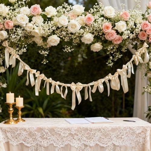 Meseey Ivory Satin Bow Garland Banner, Coquette Decor for Bachelorette Party, Bridal Shower Backdrop, Wedding Engagement Birthday Party Supplies, Photo Booth Props, Ivory Satin Ribbon Bow Decorations - color: Ivory