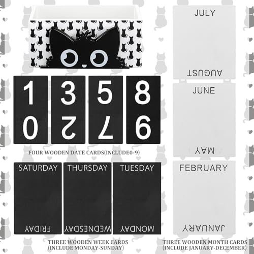 AceOrbit Cat Wood Block Perpetual Calendar Coquettish Desk Decor Cute Month Week Date Display Decorative Block Calendar for Women Office Home Desk Gift for Women