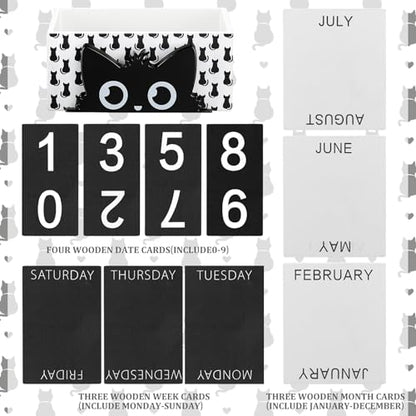 AceOrbit Cat Wood Block Perpetual Calendar Coquettish Desk Decor Cute Month Week Date Display Decorative Block Calendar for Women Office Home Desk Gift for Women