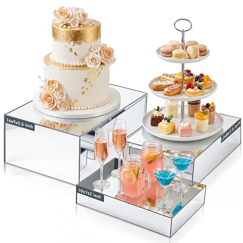3 Pack Extra Large Acrylic Risers - 14”, 12”, 10” Silver Display Stands with Hollow Bottoms, Cube Buffet Riser Boxes Nesting for Dessert Food Catering Buffet Display Party Supplies - color: Silver, size: 14”,12”,10”