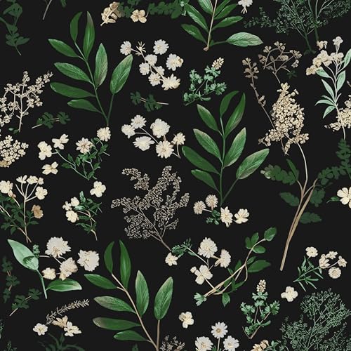 Laatse Dark Floral Wallpaper Peel and Stick Green Leaf Wallpaper Vintage Flowers Contact Paper Waterproof Self Adhesive Boho Delicate Wall Paper for Cabinet Kitchen Walls Locker 17.5in x9.8ft - color: Black&Green, size: 118" x 17.5"