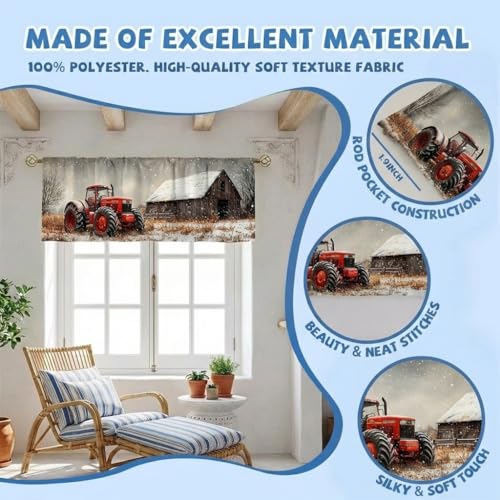 Tractor Barn Curtain, Two-Pack, Red Winter Farm Snow Rustic,Applicable to Bathroom, Bedroom, 54x18 inches. - color: Tractor Barn