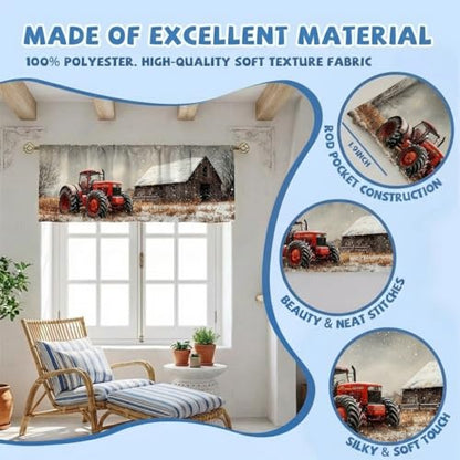 Tractor Barn Curtain, Two-Pack, Red Winter Farm Snow Rustic,Applicable to Bathroom, Bedroom, 54x18 inches. - color: Tractor Barn