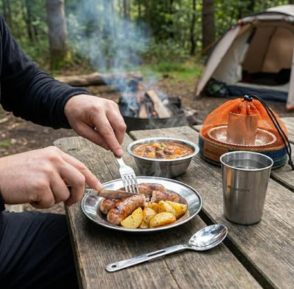 Wealers Unique Complete Messware Kit Polished Stainless Steel Dishes Set| Tableware| Dinnerware| Camping| Buffet| Includes - Cups | Plates| Bowls| Cutlery| Comes in Mesh Bags (4 Person Set) - color: Orange