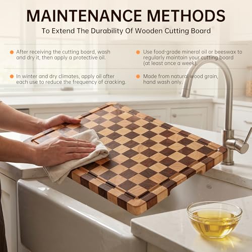 THETCHRY Cutting Boards for Kitchen, Checkered Cutting Board Upgraded, Acacia Wood Chopping Board with Juice Grooves & Handles, Large Butcher Block Serving Tray with Gift Box, 17"X12"X0.8" - size: 17"L x 12"W
