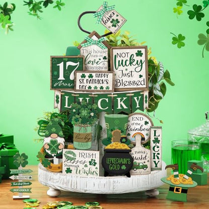 Yuntau 24 Pcs St Patrick's Day Tiered Tray Decor St Patty's Day Decorations Shamrock Irish Lucky Wooden Signs St. Patrick's Day Table Home Kitchen Bar Decoration - style: Retro