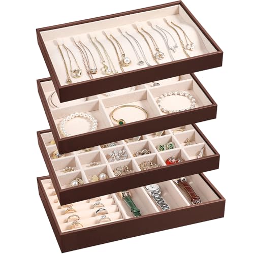 LANDICI Stackable Jewelry Organizer Trays 4 Set,PU Leather Jewelry Organizer Drawer,Jewelry Storage Display Tray for Earring Necklace Rings Bracelet with Removable Dividers,Coffee - color: Coffee