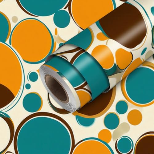 HOMETITUTE Retro Polka Dot Orange Blue Circles Wallpaper Peel and Stick Contact Paper Wall Paper Stick 17.7" x 118.1" Self Adhesive Removable Vinyl Wall Covering Bedroom Kitchen Bathroom Home Decor - color: Retro Orange Blue Circles