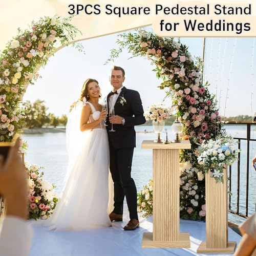 Mxtxmy 3PCS Square Pedestal Stand for Party,Wood Display Pedestal Stands for Parties,Fluted Plinth Pillars Table for Wedding Birthday Baby Shower Decor