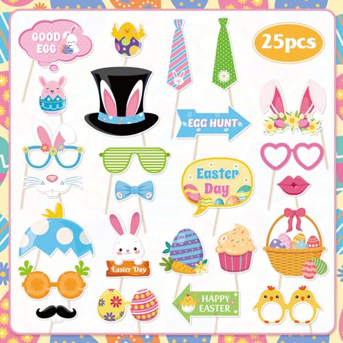HOWAF Easter Photo Booth Props, 25pcs Happy Easter Party Decorations Photoshoot Props with Photo Frame, Egg Bunny Selfie Props for Spring Easter Photography