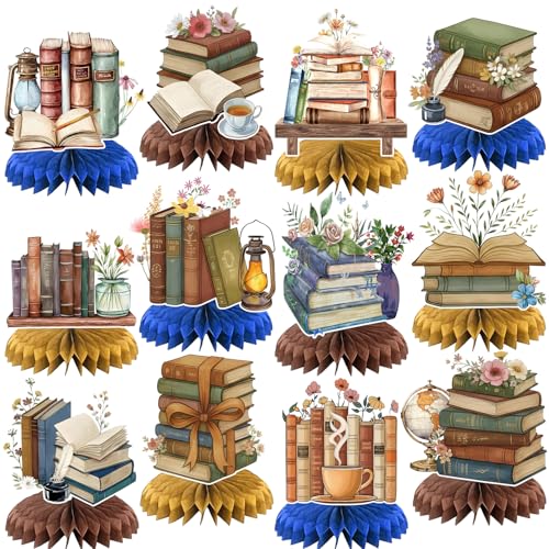 12 PCS Vintage Book Honeycomb Centerpieces Book Themed Party Decorations Book Club Library Table Centerpieces Decorations for Reading Book Birthday Party Decorations Supplies