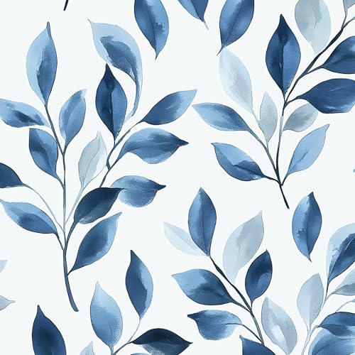 Boho Floral Peel and Stick Wallpaper – Blue Leaf Design Modern Self-Adhesive Vinyl Contact Paper for Drawer Cabinet Door Bedroom Bathroom Walls Wall Decor in Blue and White 17.5" x 118" - color: White/Blue, size: 17.5" x 118"