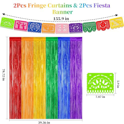 Cinco de Mayo Decorations Fiesta Party Decorations Foil Fringe Curtains Backdrop Fiesta Banner for Mexican Decor Wedding Engagement Rainbow Party Supplies