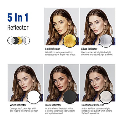 NEEWER 22"/56cm Light Reflector with Handle Grip with 3/8" Thread, 5 in 1 Collapsible Disc Light Diffuser Translucent/Silver/Gold/White/Black for Photography Lighting, Outdoor Lighting, RF-56II - style: 56cm