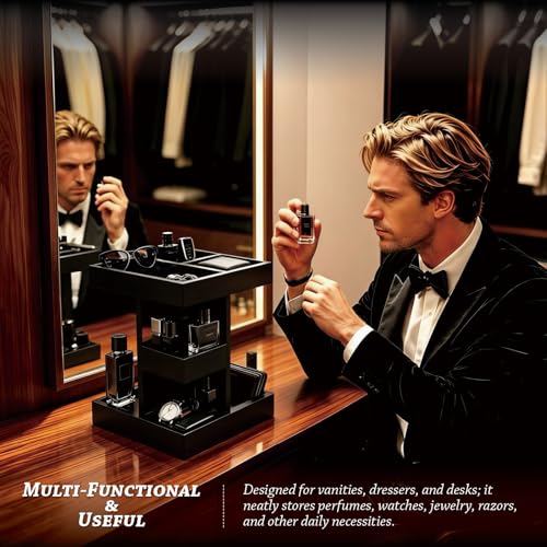 Cologne Organizer for Men, 360°Rotating Cologne Stand, 3 Tier Wooden Perfume Shelf, Husband Boyfriend Birthday Gift Ideas, Fragrance Display for Dresser or Bathroom