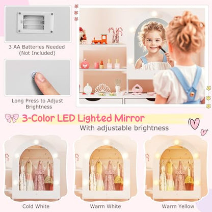 Costzon Kids Vanity with Lights, Girls Vanity Set with Mirror Cabinet, Storage Drawers, Hooks & Shelves, Toddler Makeup Vanity Desk Dressing Table, Wooden Kids Vanity Table and Chair Set (White) - style: White with Mirror Cabinet