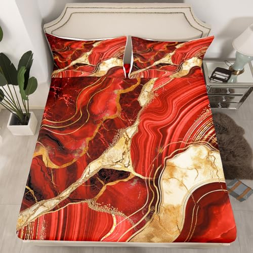 Erosebridal Red Gold Marble Bed Sheets Set Twin, Marbling Crack Print Sheet Set for Girls, Abstract Metallic Texture Sheets, Luxury Shinny Room Decor Boho Hippie Fluid Flat Fitted Sheet - color: Multi 04, size: Twin
