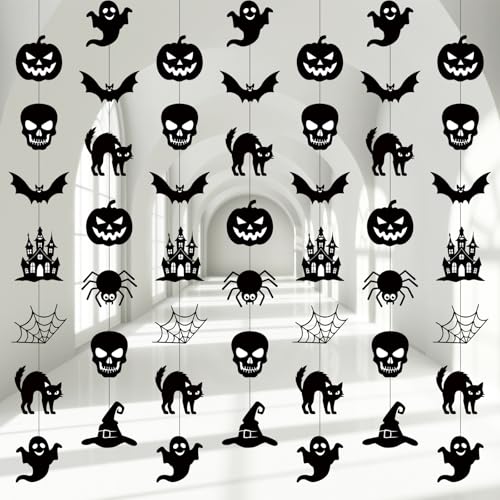 Xinnun 8 Pcs Halloween Party Decorations Garland Spooky Ghosts Skulls Pumpkin Hanging Banner Halloween Black Creepy Party Ceiling Garland for Outdoor Indoor Haunted House Horror Birthday Decor - style: Halloween