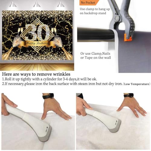 Sensfun Black Gold 30th Birthday Backdrop 30 Years Old Happy Birthday Decorations Banner for Women Diamond Thirty Birthday Party Suppiles Marble Champagne Photography Background Photoshoot Prop 7x5ft - size: 7x5ft