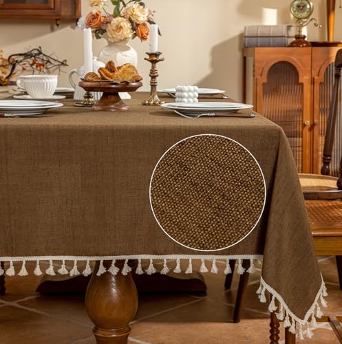 AmHoo Linen Blend Tablecloth Table Cloth 280 GSM Stitching Tassel Rectangle Decorative Natural Table Cover for Kitchen Dinning Wedding Buffet 55×86 inch Brown - color: Brown, size: 55×86 inch