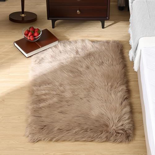 Goolela Fluffy Faux Fur Rug for Bedroom Light Brown Beige 2x3 Furry Fuzzy Sheepskin Rug Small Shaggy Area Rug for Office Playroom Decor Washable Rectangle - color: Beige, size: 2' x 3' (Rectangular)