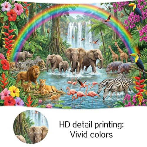 Rainbow Safari Jungle Backdrop for Kids Birthday Party, Tropical Forest Wild Animal Photography Background, Elephant Lion Zebra Flamingo Photo Booth Props for Baby Shower, Cake Table Decor - color: Multi1, size: 10X8