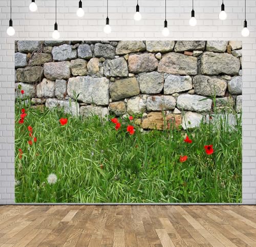 BELECO 7x5ft Fabric Vintage Stone Wall with Poppy Field Backdrop Rock Wall Green Meadow Red Poppies Flowers Background for Themed Party Decorations Banner Photography Props - size: 7x5FT