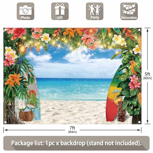 7x5ft Fabric Summer Hawaiian Beach Photography Backdrop Tropical Flower Palm Leaves Surfboard Background Aloha Luau Decorations Photo Banner - size: 7'x5'