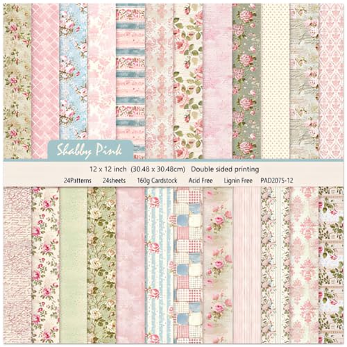 Scrapbook Paper Pad 12×12,Floral Double-Sided Pattern Designer Planner Junk Journal Decorative Craft Paper,Card Making Journaling Origami Decopage Scrapbooking Supplies, 24 Sheets - color: Pink Flower