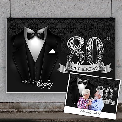 5x3ft Men 80th Birthday Tuxedo Background Black Necktie Suit Tuxedo Happy Birthday Photography Backdrop Hello Eighty Silver Diamond Luxury Birthday Party Supplies Portrait Photo Shoot Props - color: black silver 80, size: 5x3ft