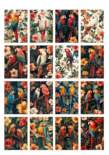 Decoupage Paper Pack (35 Sheets 6"x8") Tropical Parrots: Vibrant Macaws and Cockatoos Perched Among Exotic Blooms in Lush Greenery with Bold and Rich Colors FLONZ Vintage - color: eight