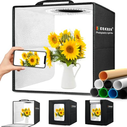 DUCLUS Light Box Photography, 12"x12" Photo Booth Box with 120 LED Lights Dimmable & CRI＞95, Portable Lightbox with 8 Backdrops for Mini Product Photography: Jewelry, Cards, Watches - size: 12 inches