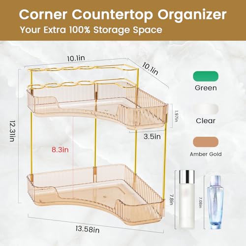NATURE'S SOURCE Makeup Organizer for Vanity, 2-Tier Corner Bathroom Organizer Countertop with Makeup Brush Holder, Corner Counter Storage for Bathroom Dresser-Amber Gold - color: Amber Gold, size: 2-Tier