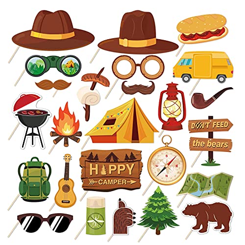 Happy Camper Party Photo Props - 25Pcs Funny Camping Selfie Props with Sticks for Camping Birthday Party Supplies,Baby Shower,Backyard Camp Out Campfire Forest Hiking Fun Adventure Party Decor