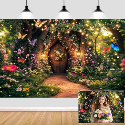 5X3ft Enchanted Forest Backdrop Fairy Tale Garden Wonderland Floral Butterfly Photography Background for Kids Girl Baby Shower Birthday Party Decoration Banner Cake Table Photo Booth Props - color: Multi2, size: 5x3ft