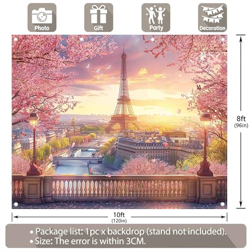10x8ft Fabric Eiffel Tower Backdrop Paris Landscape Floral Lake Bridge Photography Background Wedding Girls Birthday Party Decorations Photo Booth Props - size: 10'x8'