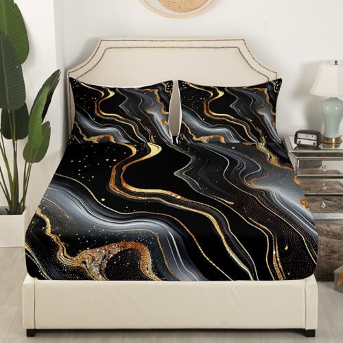 Erosebridal Gold Black Marble Bedding Set for Kids, Gold Glitter Abstract Marbling Bed Sheets Metallic Marble Texture Fitted Sheet Ombre Stone Pattern Fluid Bed Set Twin Size with 1 Pillow Case - color: Black Gold, size: Twin