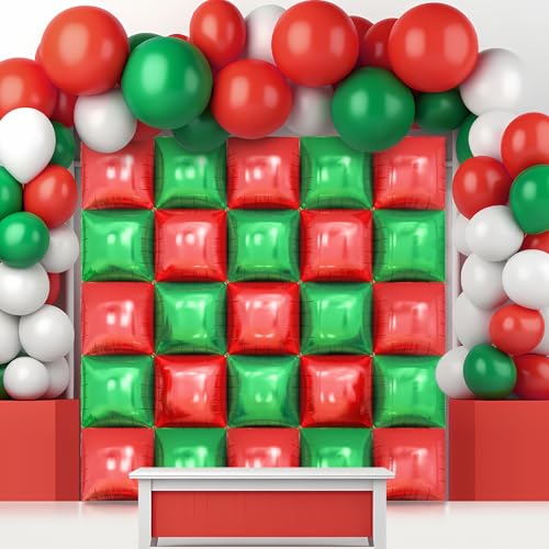 Red Green Square Foil Balloon Wall,25Pcs Double Sided Balloon Backdrop Helium Balloons Tunnel Arch Garland Kit for Christmas Birthday Anniversary Party Decorations - style: Red Green