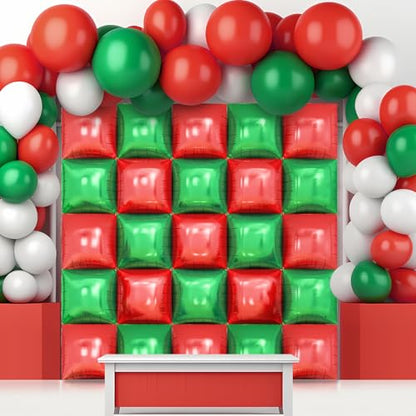 Red Green Square Foil Balloon Wall,25Pcs Double Sided Balloon Backdrop Helium Balloons Tunnel Arch Garland Kit for Christmas Birthday Anniversary Party Decorations - style: Red Green
