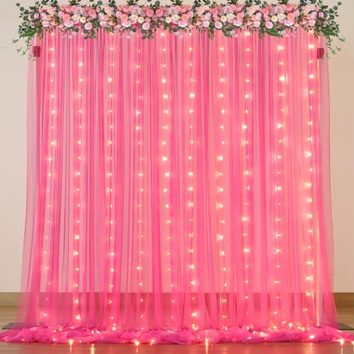 Hot Pink Tulle Backdrop Curtain with Lights for Parties 10x10ft Fuchsia Sheer Backdrop Curtains for Weddings Birthday Baby Shower Photo Shoot Background Decorations - color: Hot Pink, size: 10 ft X 10 ft(2 Panels 5ft X 10ft)