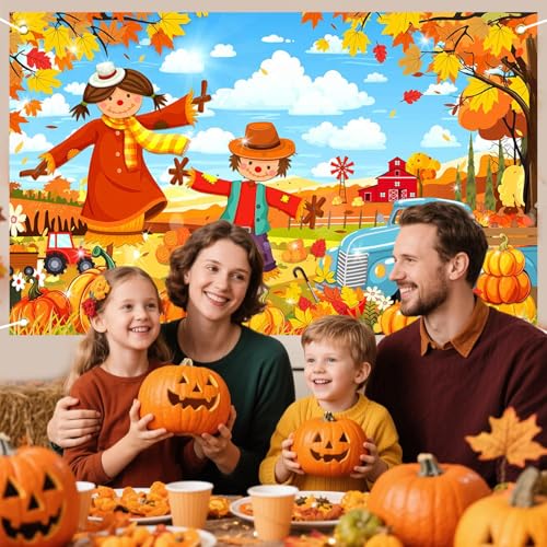Mocsicka Fall Photo Backdrop Banner Autumn Maple Leaves Farm Backdrop for Photography Blue Sky Happy Fall Y'all Banner Party Decorations Photo Booth Props 70.8x43.3(inch)